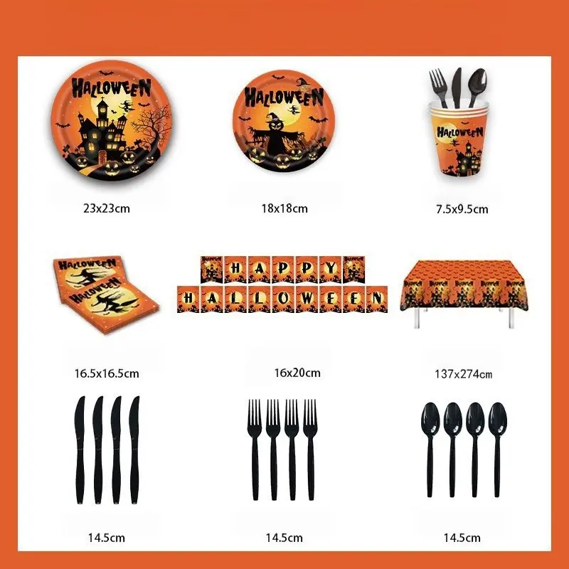 Halloween Party Supplies Set, 9-Piece Paper Plates & Cutlery, Halloween Decorations, Balloon Theme Tablecloth, Festival Accessories