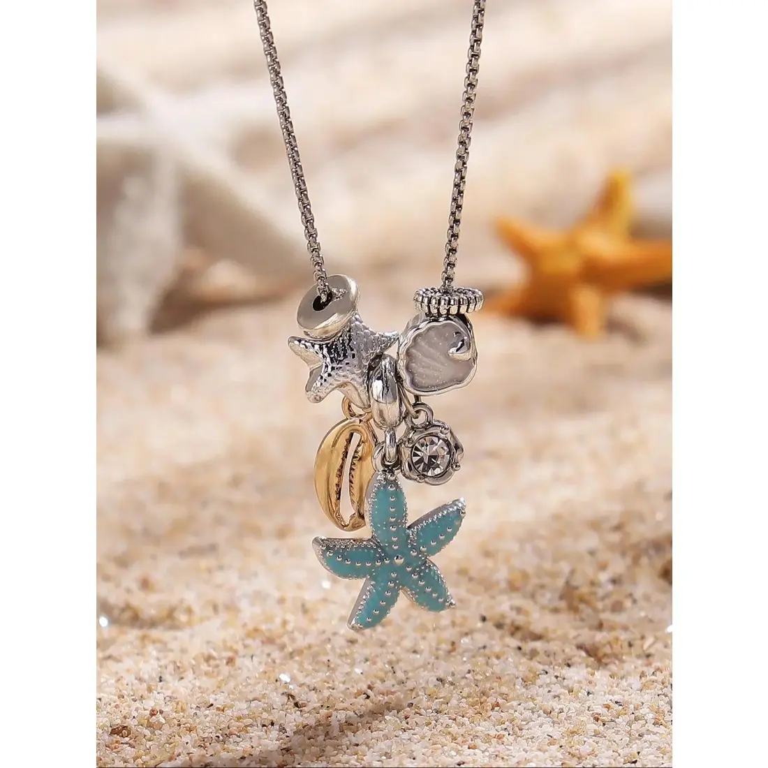 Women's Elegant Starfish & Shell & Mermaid Design Pendant Necklace, Exquisite Trendy Pendant Necklace, Chic Jewelry As Gift for Girlfriend, Charms Necklace, Dangling Charms Necklace, Chain Necklace
