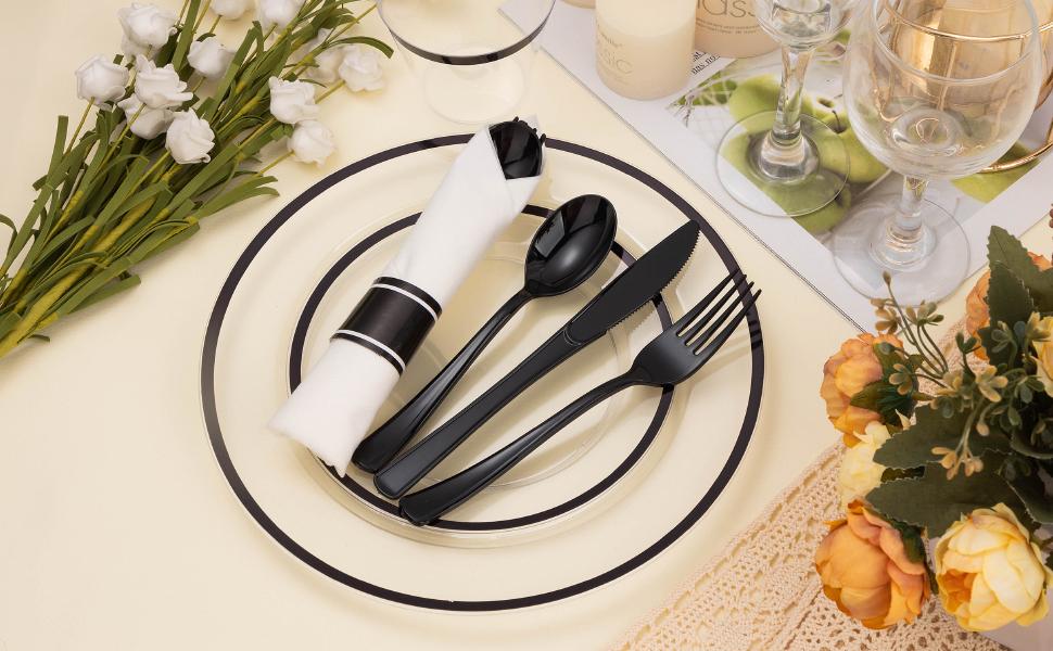 350PCS Clear & Black Disposable Plates Set – 100 Plates, 50 Cups, 50 Pre-Rolled Napkins & Cutlery for 50 Guests with Fashion Design 350PCS Clear & Black Disposable Plates Set – 100 Plates, 50 Cups, 50 Pre-Rolled Napkins & Cutlery for 50 Guests with Fashion Design