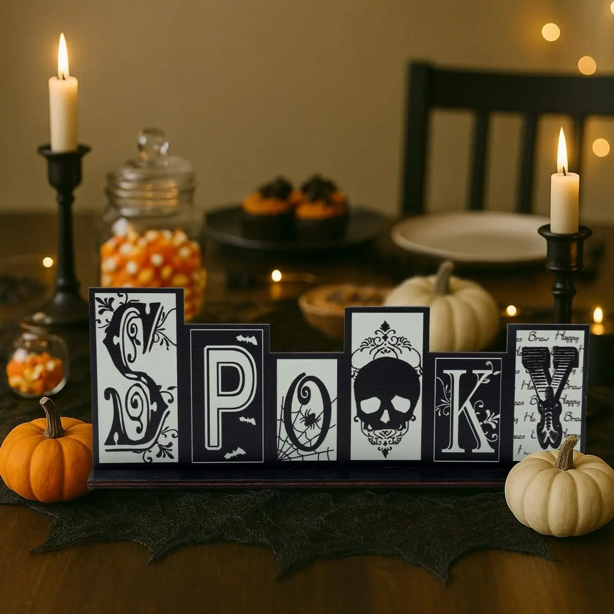 Halloween Desktop Decorations, Skull Spider Web Bat Scorpion Gothic Letter Plaques, Party Home Desk Shelf Decor, Halloween Theme Accessories