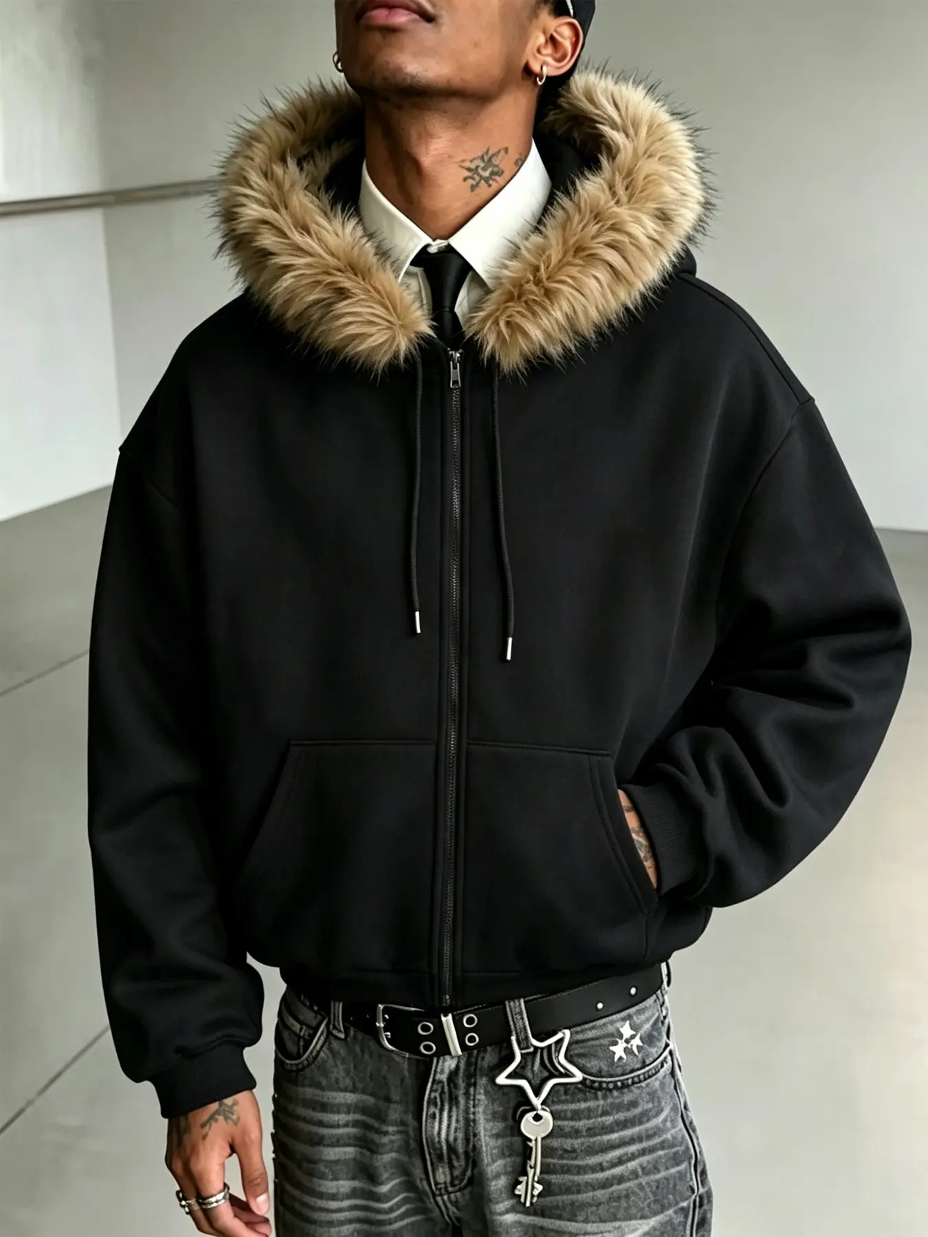 Men's Fall Winter Faux Fur Hooded Jacket, Loose Fit Zipper Design, Warm Casual Outerwear, Durable Comfortable Coat