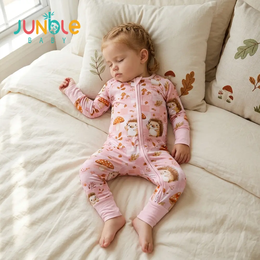 Junblebaby Pink cute hedgehog and mushroom Print Baby Romper,baby girl bamboo zipper romper,baby girl onesie, Bamboo Fiber Long Sleeve 2-Way Zipper,Foldable foot cover design, Cute Country Style Sleep Play Pajamas for Baby  mitten  cuff foot