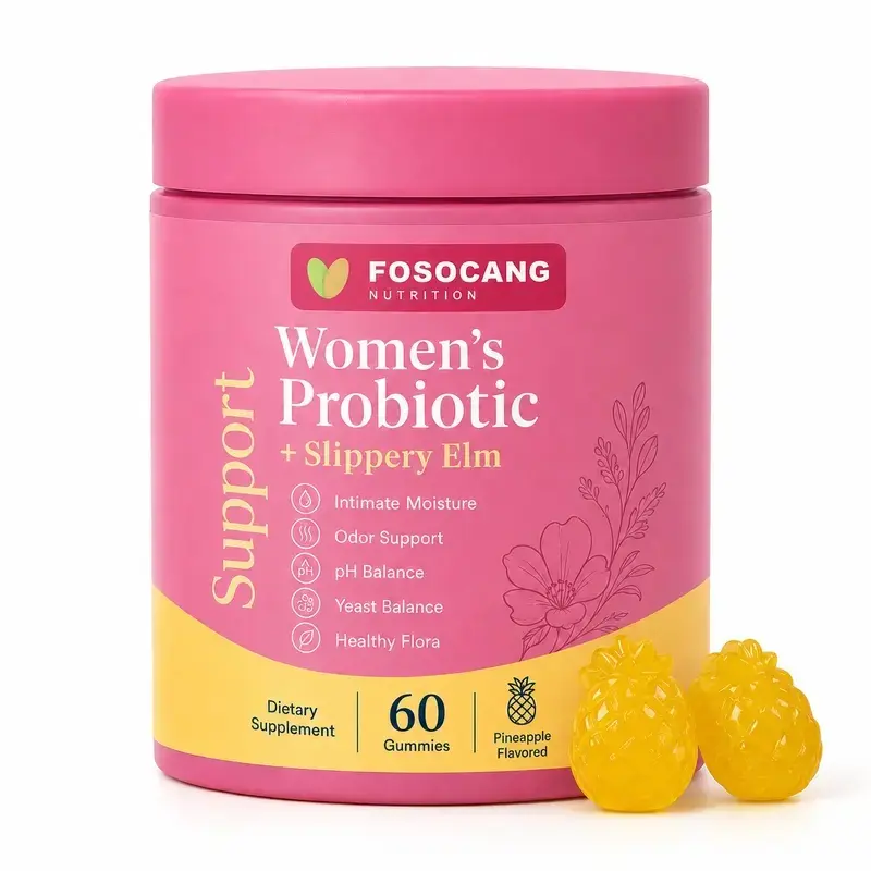 FoSoCang Feminine Advanced Probiotic Blend Gummies - 60 Count Hawaiian Pineapple Dietary Chewable Supplement with Slippery Elm, XOS Prebiotics, Lactobacillus, Natural Ingredients for pH Balance, Digestive Health, Flora Nourishment