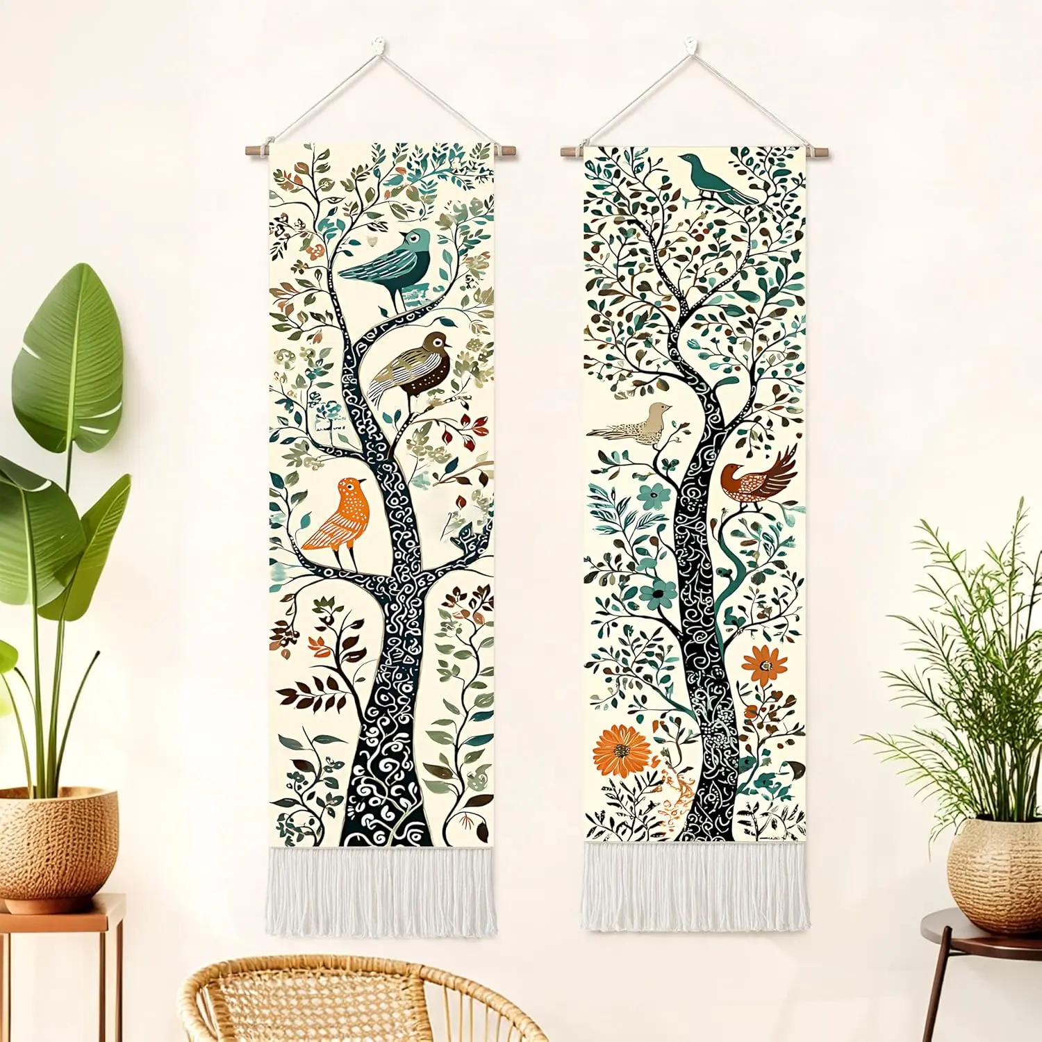 Seewan 2-Pack Linen-Cotton Long Vertical Wall Tapestry, Boho Floral Landscapes High-Detail Print Wall Hanging for Bedroom Home Decor, Narrow Art Tapestry with Sunrise Mountain Art Nouveau Tree Designs, 13in x 51in Unframed Gift