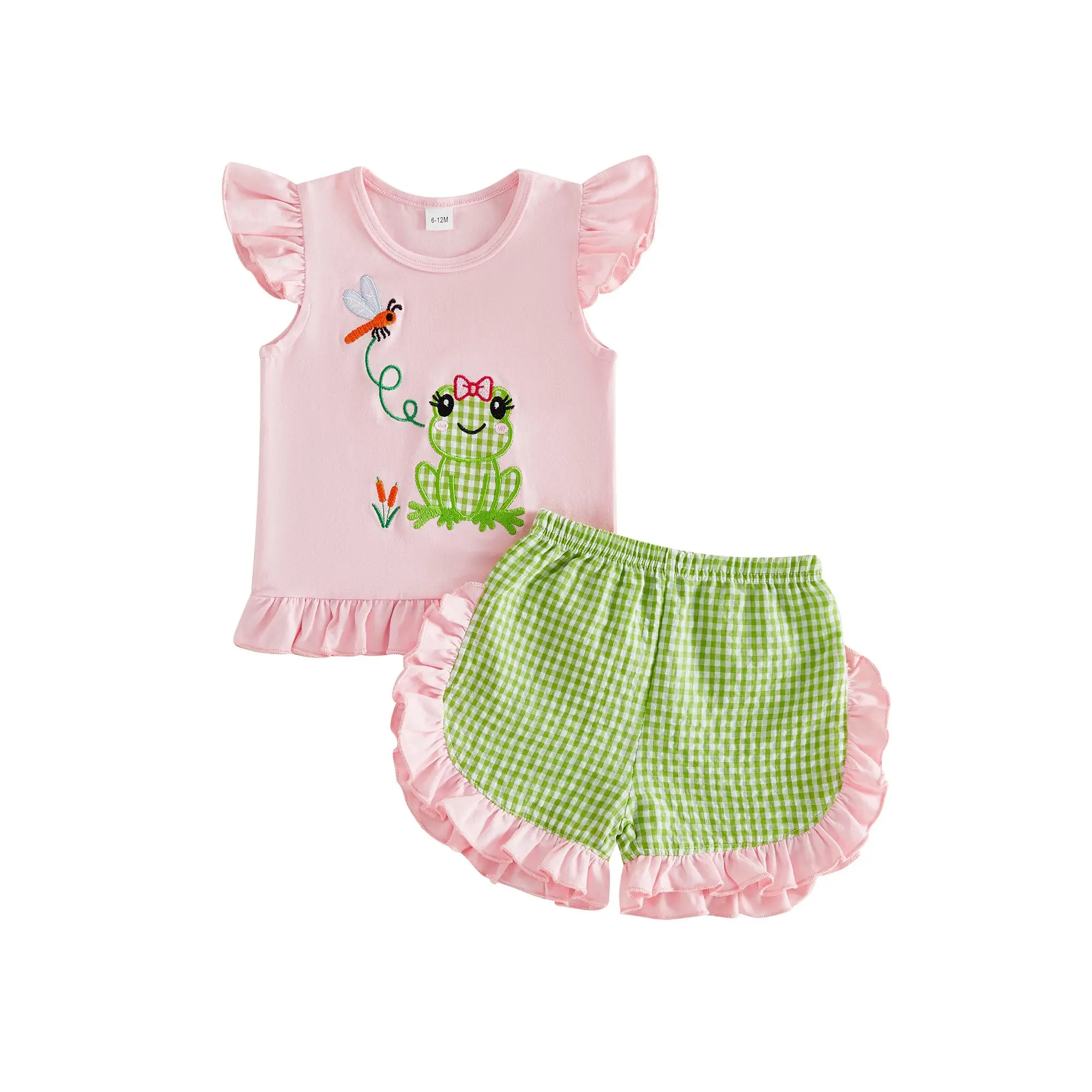 Shingpp Summer Two Piece Matching Outfit Infant Girls Flutter Sleeve Top Cartoon Frog Dragonfly Applique Ruffle Trim Plaid Elastic Waist Shorts Farm Park Daily Play Casual Summer Outfit