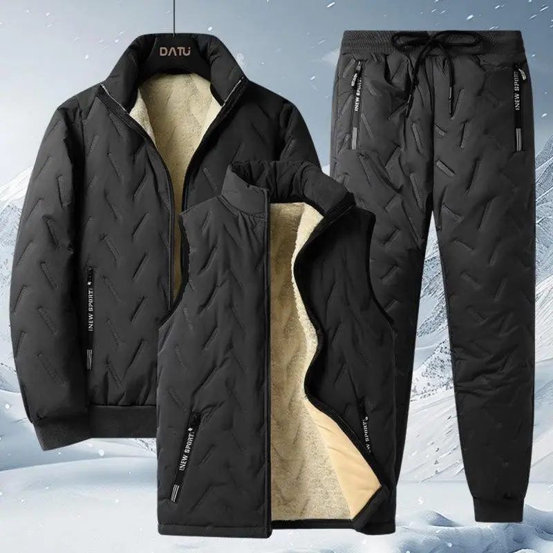 Fleece-LinedWarmThree-PieceSetWinterThickenedLambWoolCottonJacketWindproofCold-ResistantCasualLongPants Menswear Clothes