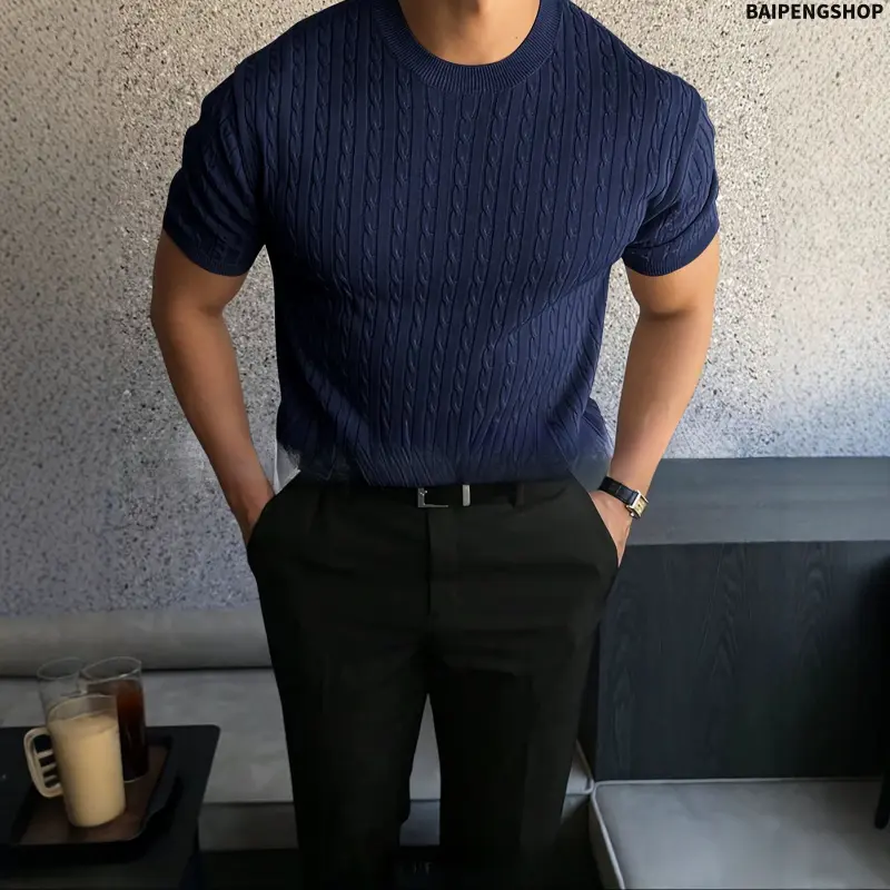 Men's Cable-Knit Sweater with Plain Round Neck and Slim Fit, Lightweight Stretchy Polyester for Everyday Streetwear, Menswear, Crew Neck, Casual