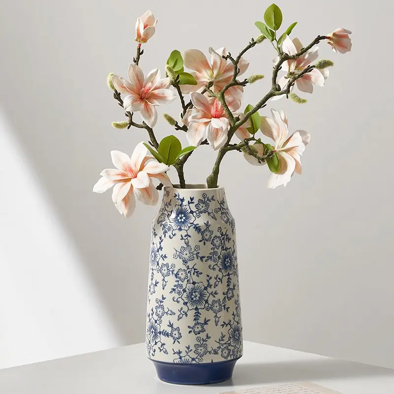 Handmade Vintage Blue Ceramic Flower Vase, Large Capacity Floral Wreath Decorative Vase, French Country Farmhouse Home Decor