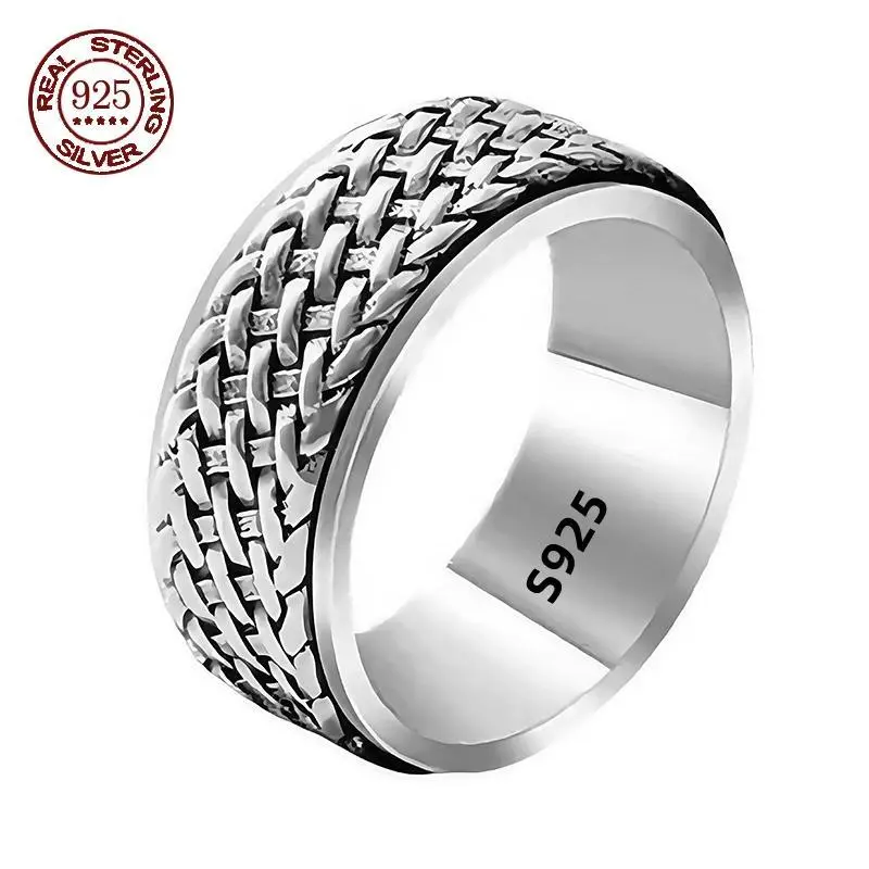 Simplicity Vintage S925 Sterling Silver Viking Rings for Men Women Fashion personality Rotatable Woven Pattern Jewelry Gift