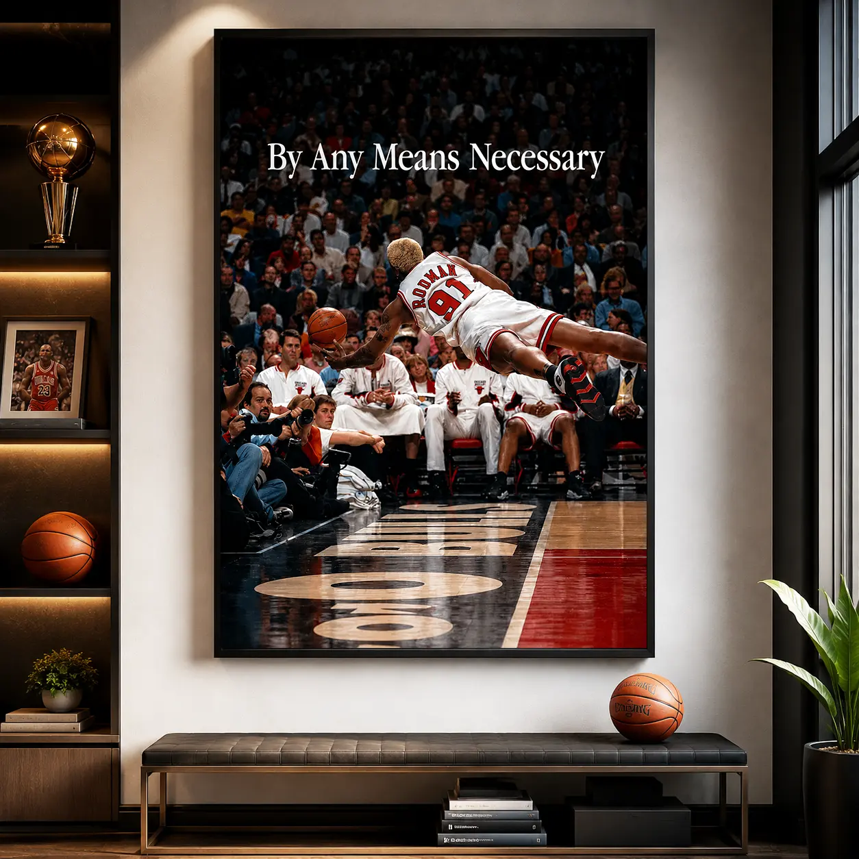 Dennis Rodman Canvas Wall Art Poster,By Any Means Necessary Basketball Poster, Chicago Bulls Legend Print, NBA Basketball Decor, Framed Canvas Artwork for Bedroom, Game Room, Man Cave Decoration Gift