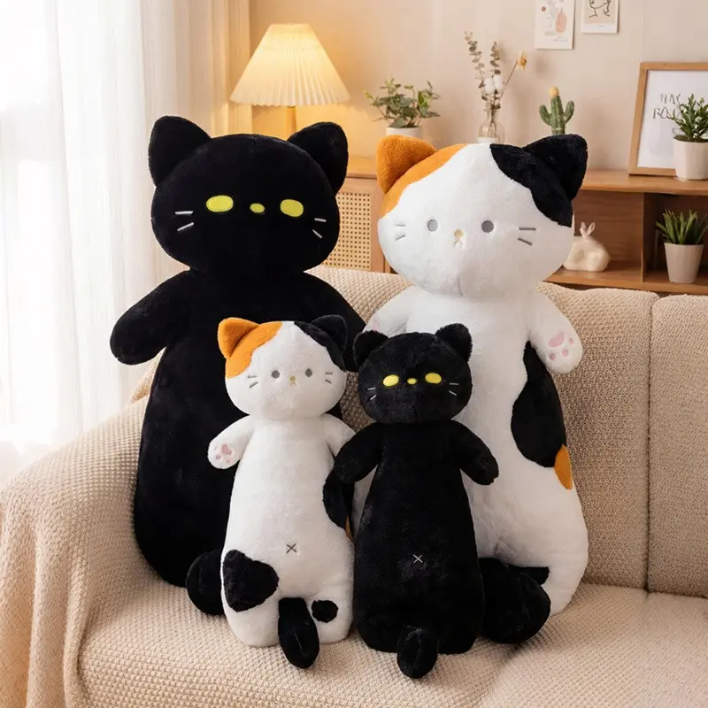 Long-shaped plush pet cat pillows featuring black, white, and tri-colored cats. Adorable expressions make them perfect for snuggling and sleeping companions. Ideal gifts for girlfriends, children, exquisite presents for Christmas, New Year’s, birthdays