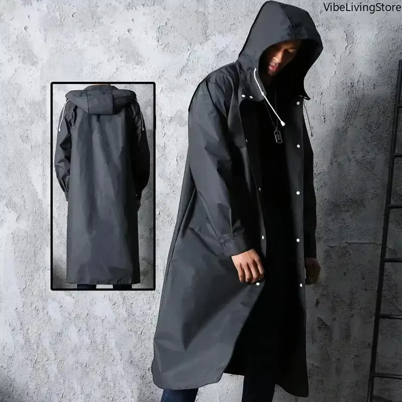 Adults' Long Hooded Black EVA Raincoat - Thick, Eco-Friendly Waterproof Jacket with Full Body Cover for Travel & Rainy Days, Rainproof, Fashion, Hood Blocks Rain, Lightweight
