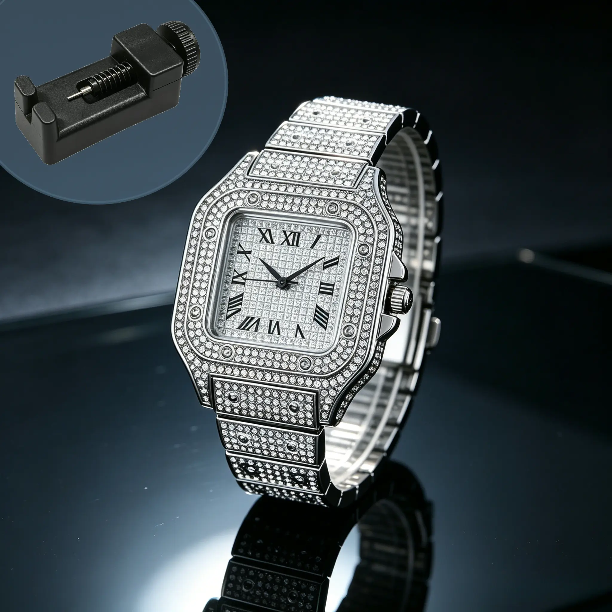 Diamond quartz watch with watch strap adjuster, featuring a starry sky design on the square-shaped  dial, stainless steel strap, diamond embellishments, and Roman numerals, Modern Fashionable Wristwatch, Casual Trendy Wristwatch, Stylish Watch`