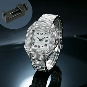 Diamond quartz watch with watch strap adjuster, featuring a starry sky design on the square-shaped  dial, stainless steel strap, diamond embellishments, and Roman numerals, Modern Fashionable Wristwatch, Casual Trendy Wristwatch, Stylish Watch`