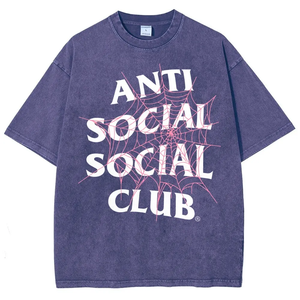 [ DTG Print ] "Anti Social Social Club"Pink Spiderweb Overlay Pattern Front Print Unisex Graphict Washed T-Shirt Y2k Clothing Round Neck Washed T-Shirt,Women's Clothing 100% Cotton, Menswear, Top, Vintage Style,Summer Casual Oversized