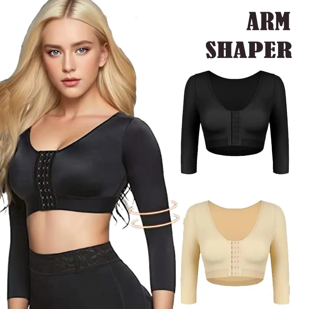 Women's Wireless Seamless Shapewear Arm Shaper - Post Surgery Long Sleeve Compression Top with Posture Improvement, Front Closure Push Up Bra for Body Slimming, Basic, Fit, Crew Neck, Solid, Body Contouring, Casual, Hand Wash Only, Halloween, Polyester, S