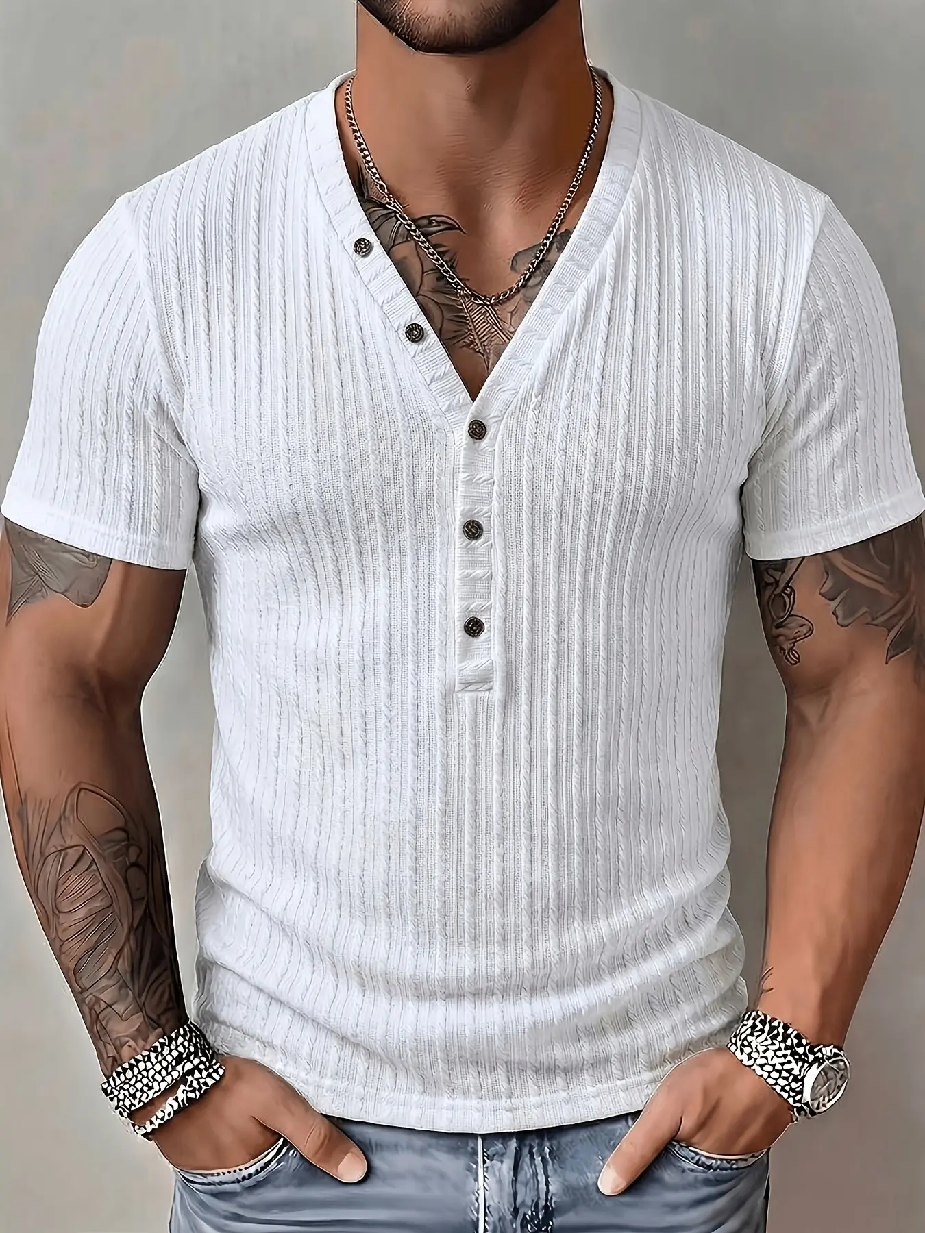Men's Summer Vacation Casual Vertical Stripe Knit V-Neck Henry Short Sleeve T-Shirt, Button Breathable Commute Holiday Spring Summer Top