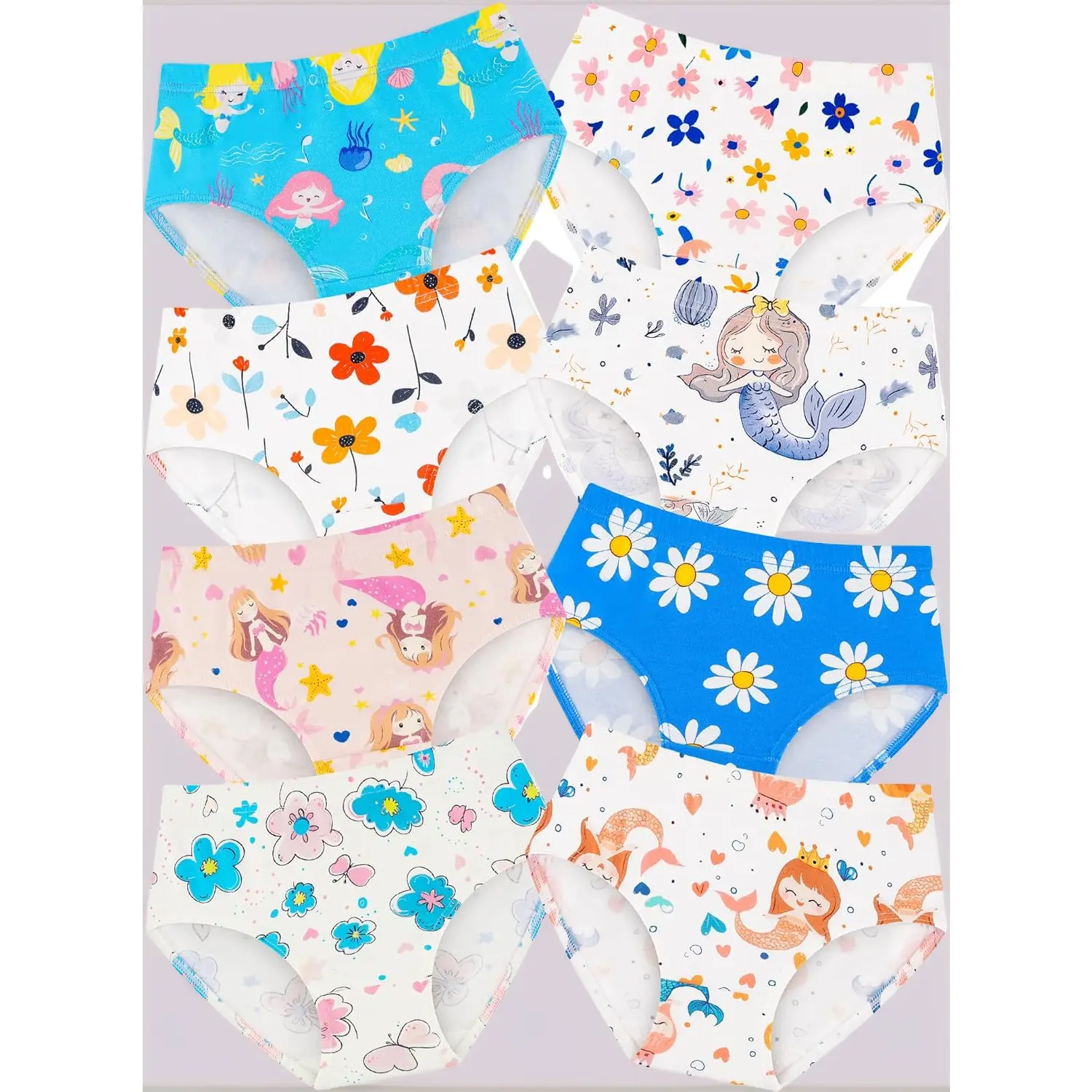 Toddlers' 8-Pack Cotton Tagless Briefs - Soft, Breathable, Comfort-Fit Mermaids Graphic Floral Panties for Casual Everyday Wear