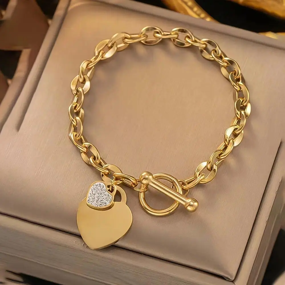 Women's Titanium Steel Heart Jewelry Bracelet - Gold-Tone Metal Coating Cubic Zirconia Toggle Clasp Chain, Dainty Female Cowhide-Accent Quiet Luxury Stackable Leather Accessory for Date Night & Gift, Bracelets, Girly Feminine Items, Anniversary, Elegant,,