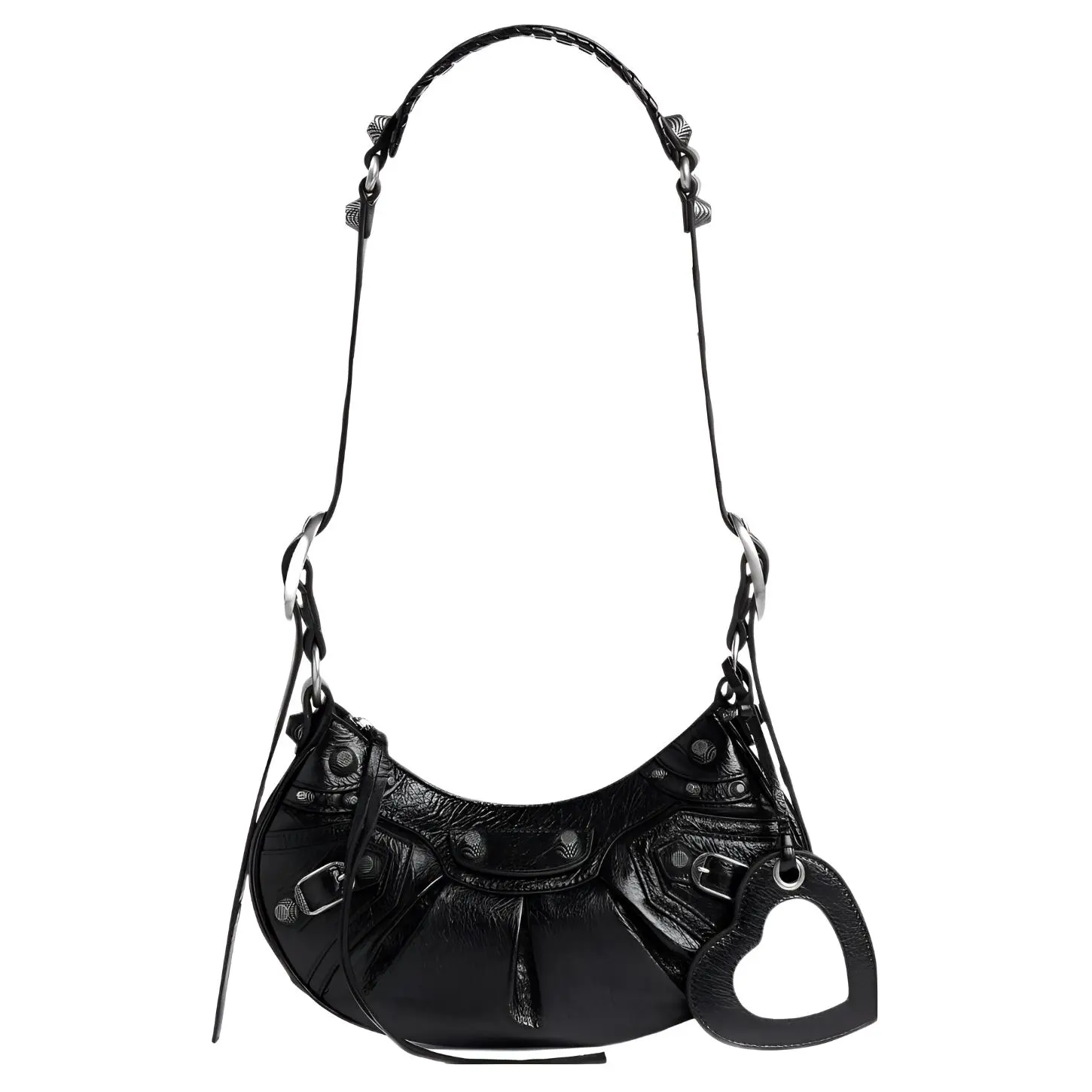 Balenciaga Le Cagole Studded Heart-Shaped Mirror Mini Crossbody Bag for Women, Lambskin, Crescent Style, Black