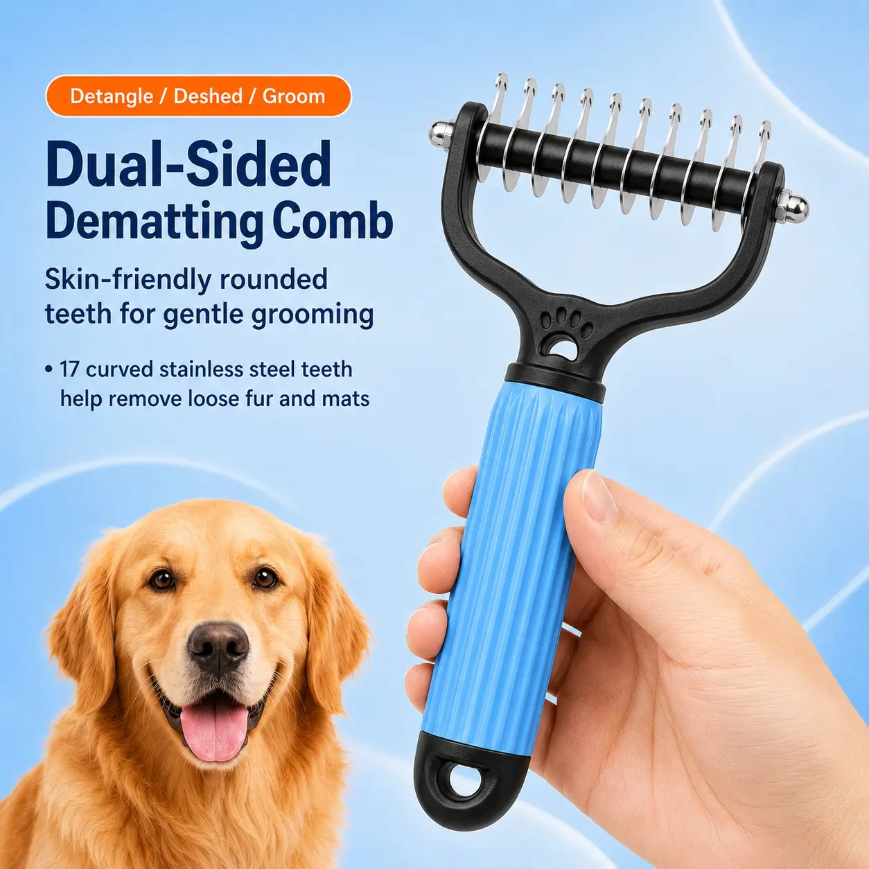Dual-Sided Pet Dematting Comb, 9 & 17 Tooth Grooming Rake for Dogs and Cats, Undercoat Brush for Removing Mats, Knots, Tangles and Loose Fur