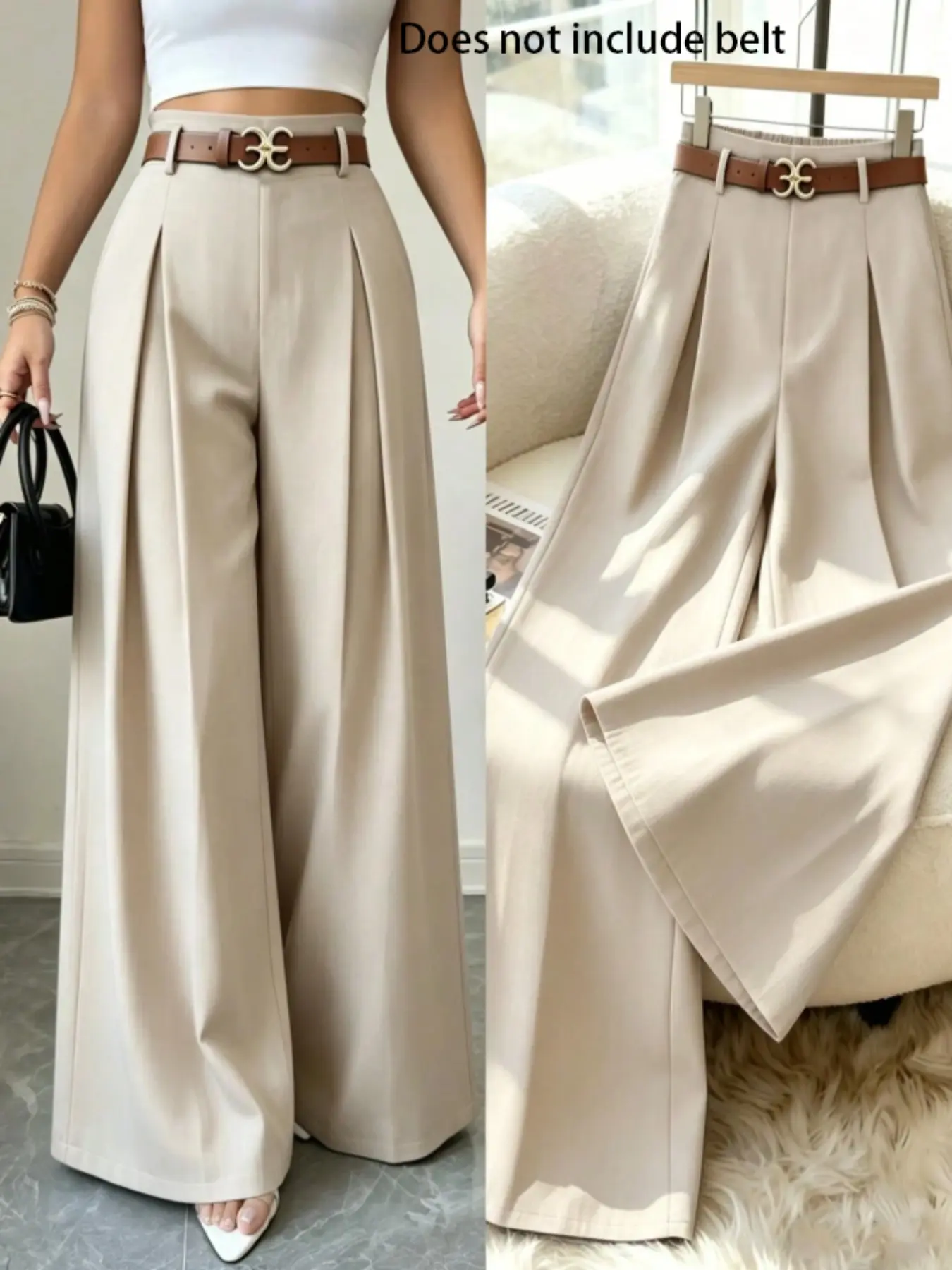 High-Waisted Pleated Wide-Leg Suit Pants for Women, Basic, Loose Fit, Baggy, Solid Pattern, All Seasons, Casual Office Wear, Long Trousers