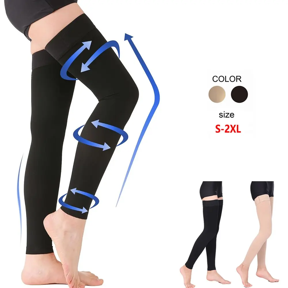 1 Pair 20-30 Mmhg Compression Stockings for Men and Women, Thigh High Length, Dot-Top, Open Toe, /, Sporty Slim-Fit Design, All Season Socks