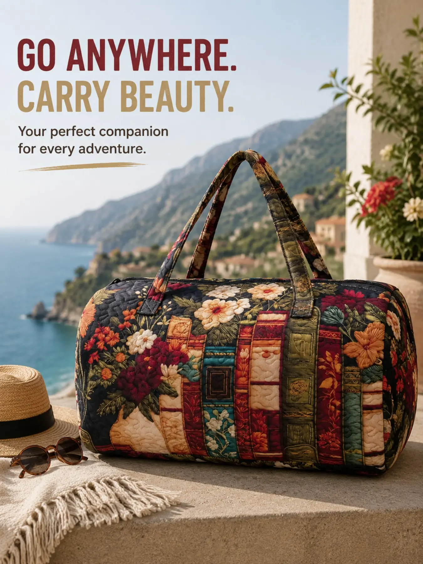 1 Piece Vintage Book Stack Floral Patchwork Duffle Weekender Bag, Retro Print Reinforced Handles Large Capacity Tote for Book Lovers, Short Trips & Gym, Overnight Duffel Bag