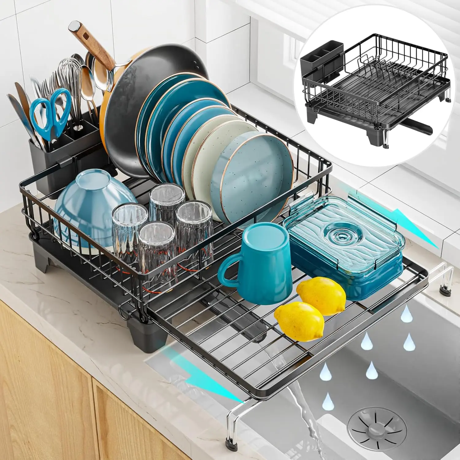 Expandable Dish Drying Rack for Counter, Large Capacity 2-in-1 Rust Resistant Dish Drainer with Swivel Spout and Pull Out Over Sink Extension, 16.7" W x 12.6"-22.4" L, Black