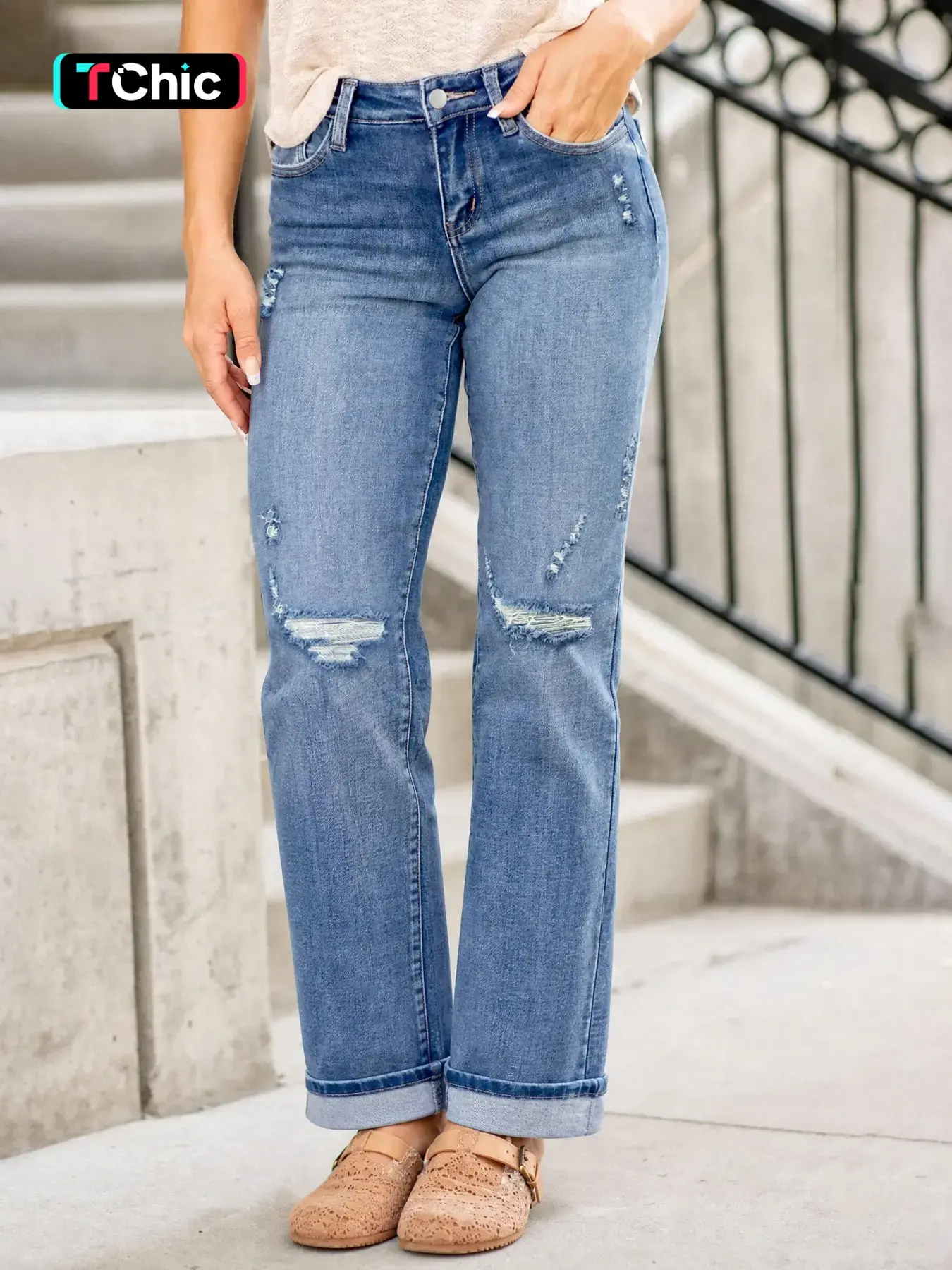 Women's Stretchy Elastic Fitted High Waist Button-Front Ripped Woven Denim Jeans with Rolled-Up Cuffs, Casual, Trendy and Fashionable for All Seasons