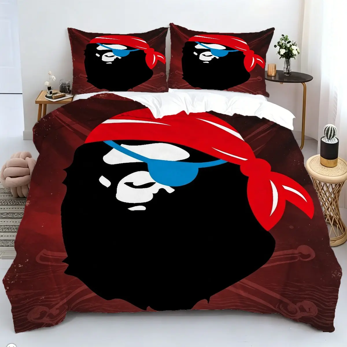 2/3pcs Pirate Gorilla Print Bedding Set, Cool Street Style Duvet Cover Set, Vibrant Digital Print, Soft And Breathable, Includes 1 Duvet Cover And 1/2 Pillowcases (Without Insert), Zip Closure, Suitable For Teenagers' Bedrooms, All Year Round.