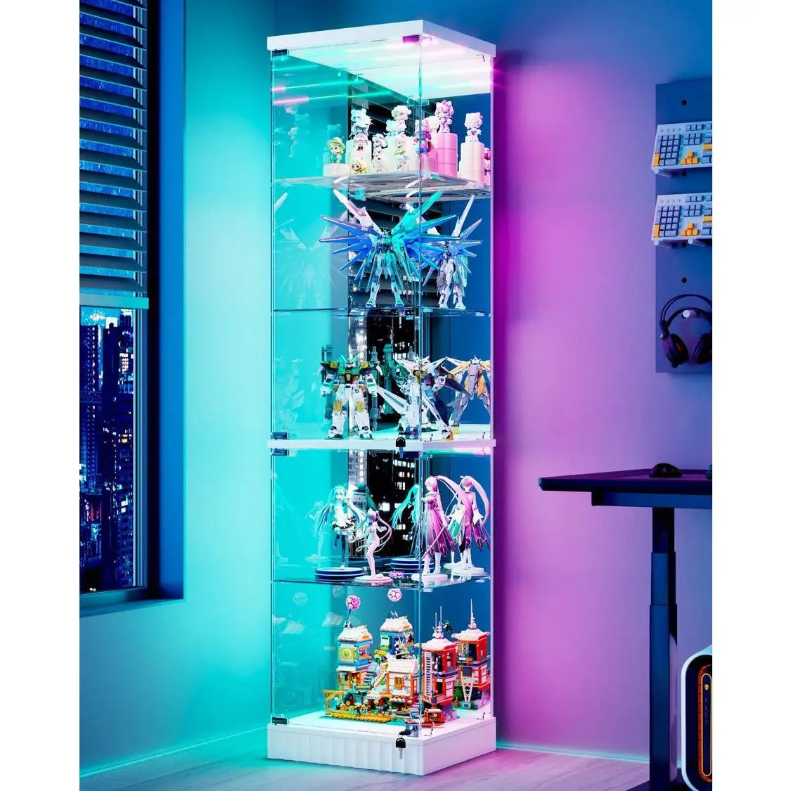 Glass Display Cabinet, 6-Tier China Cabinet with Motion Sensor Light, Lockable Curio Cabinet with Glass Doors for Collectibles, LED Display Case with Lighting - Black