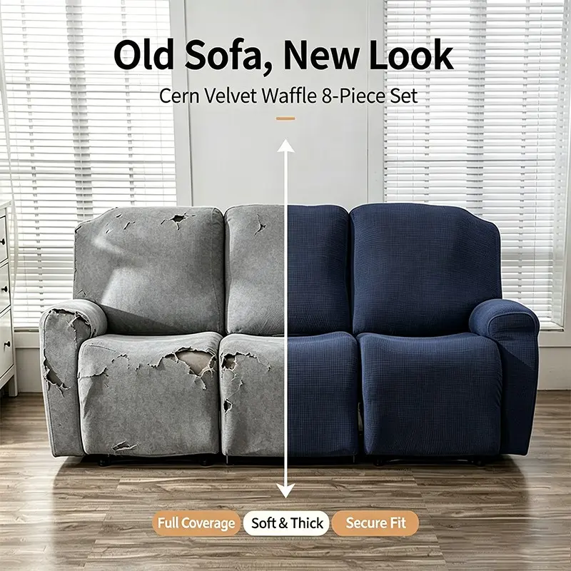 Recliner Sofa Cover 8-Piece Set, Stretchable Sofa Cover, Stretch Jacquard Slipcover for 1/2/3-Seater Couch, Pet Friendly Washable Furniture Protector, Washable Couch Covers