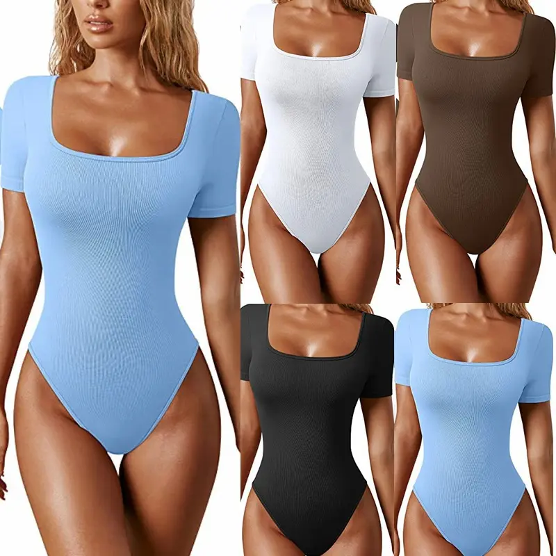 Women's Ribbed Square Neck Short Sleeve Bodysuit Fitted Slimming Summer Tops for Date Night Party Vacation