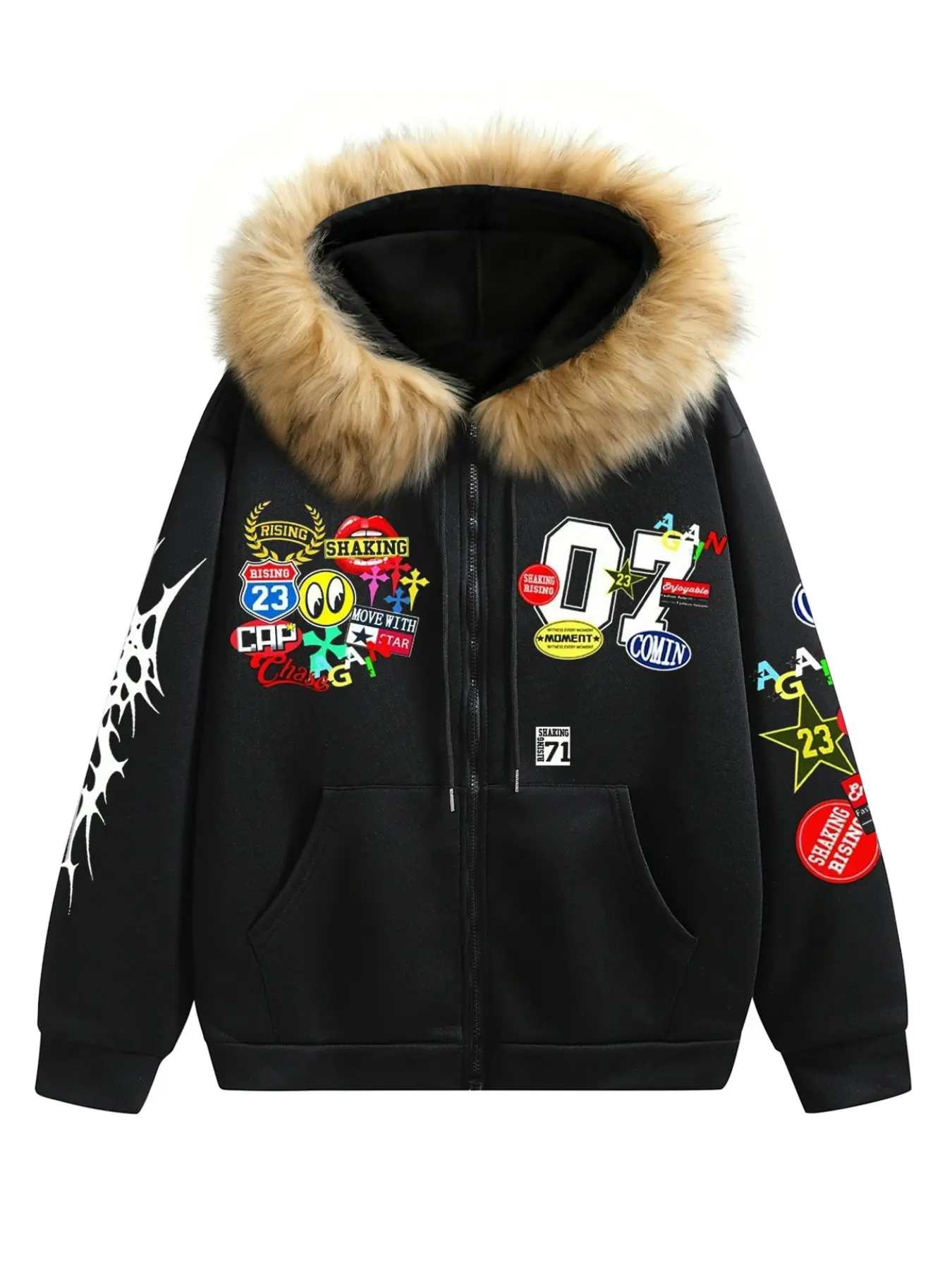 Men's Black Zip Up Hooded Jacket, Y2K Hip Hop Fur Trim Hood Coat, Multi Color Sticker Patch Graphic Loose Outerwear For Street Skate Daily Party