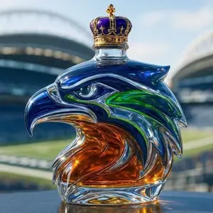 Seahawks Pride Eagle Head Decanter, Royal Crown Top Glass Whiskey Bottle, Elegant, Perfect for Game Day, Unique Sports Collectible
