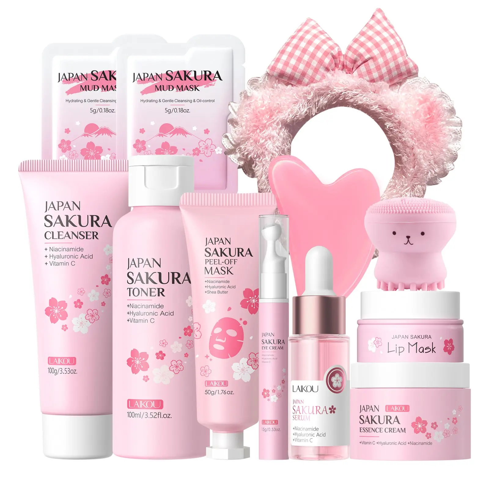LAIKOU Skin Care Moisturizing Set Hydrating Set Sakura Women Beauty Gift Sets Korean Skin Care Kit- Cleanser,Serum,Face Cream,Toner,Eye Cream,Mud Mask,Peel Off Mask-Skin Care Routine Kit
