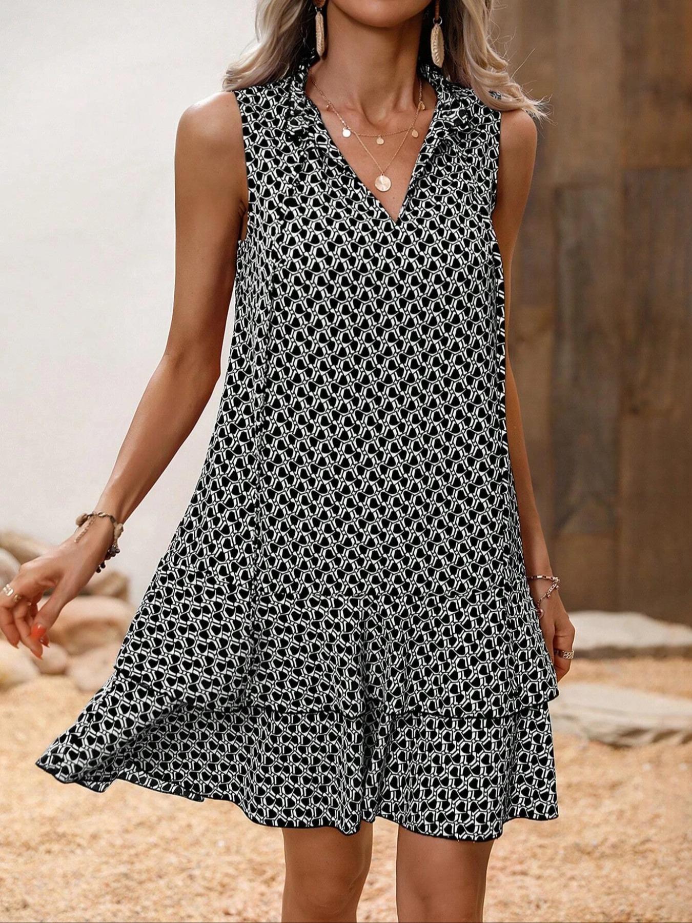 Women's Geometric Print Bow Dress, Casual Fitted Multi-Layered Woven Dress for All-Seasons Wear
