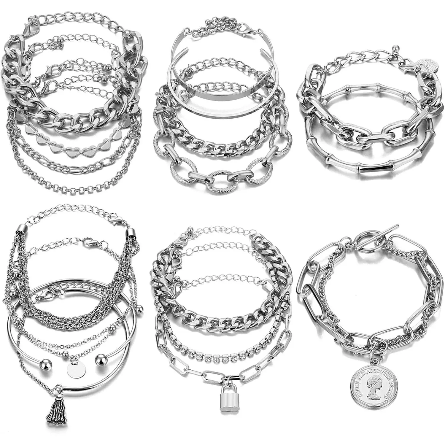 18-25 PCS(6 Pack) Boho   Stackable Bracelets Set for Women | Chunky Dainty Bangles Adjustable Chain Flat Cuff Cuban Punk  Bundle