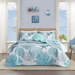 3 Piece Coastal King Size Quilt Sets - Reversible Microfiber Quilts with 2 Shams, Soft Lightweight Beach Bedding Nautical Bedspread Coverlet Summer Comforter Set for All Season, 106''x96''