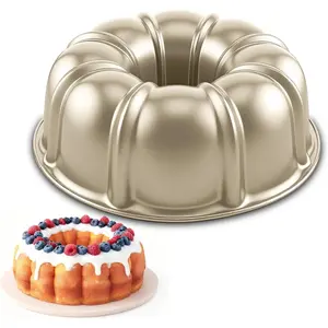 10 Inch Nonstick Round Fluted Tube Cake Baking Pan, Pound Cake Mold Tube Bakeware for Jello/Gelatin/Chocoflan, Non Toxic Easy Clean Gold