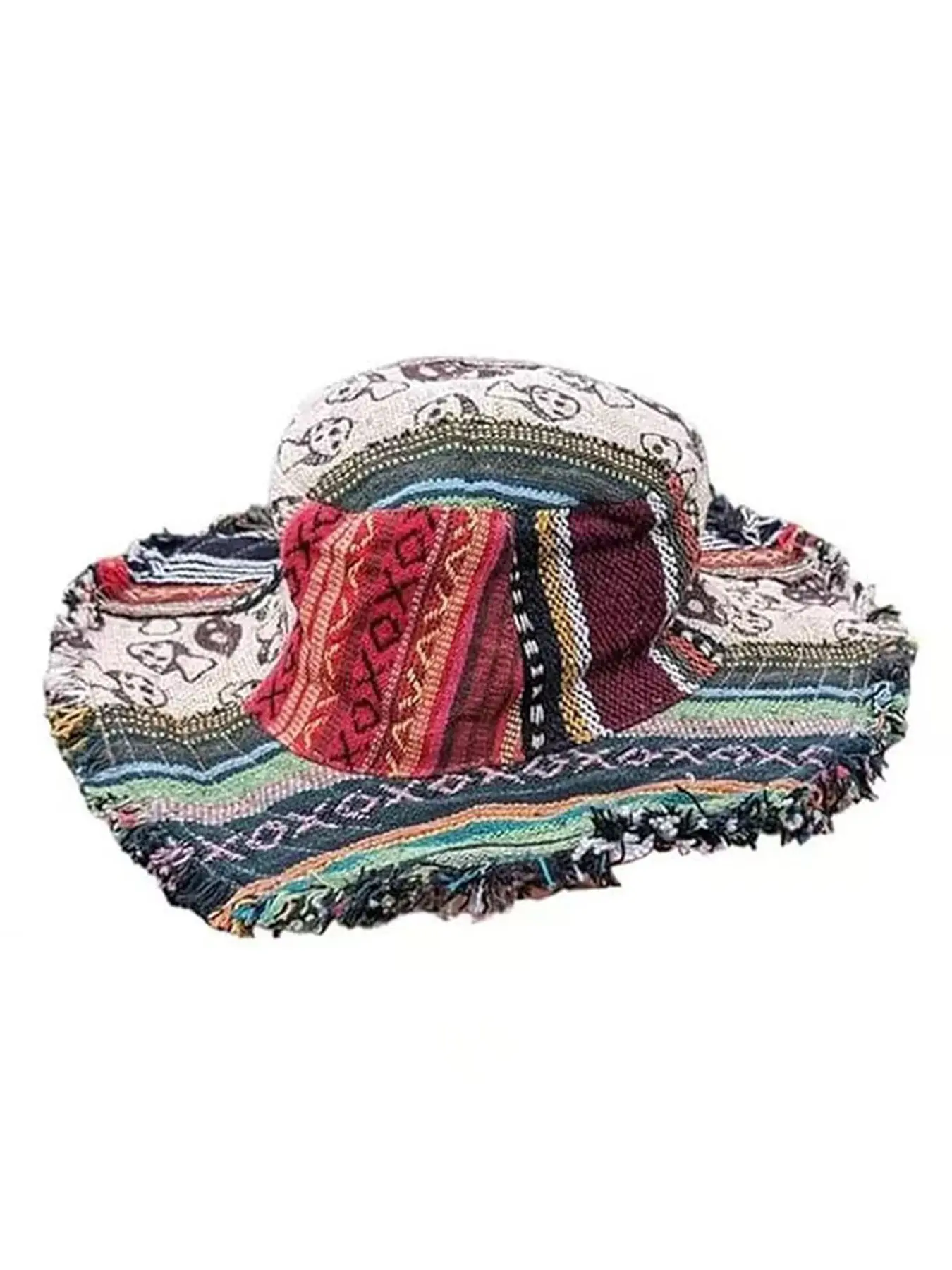 Patchwork Multicolored Mushroom Hemp Fedora Hat, Hand‑Made Boho Unisex Casual Summer Hat with Hidden Pocket for Travel Beach Festival Beach Sun Hat