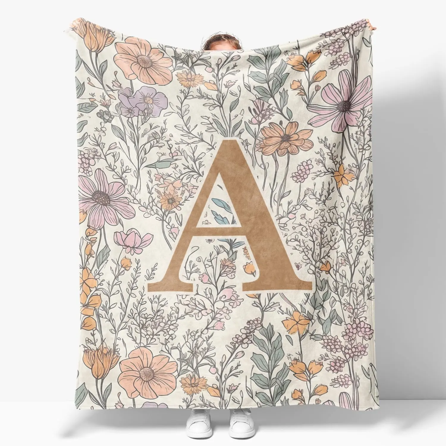 Personalized Monogram Flannel Throw Blanket - Vintage Wildflower Letter, French Floral Soft Cover, Wrinkle Resistant, Fade Resistant, Durable, All Seasons, Cozy Warm Gift for Wife, Farmhouse Home Decor for Couch
