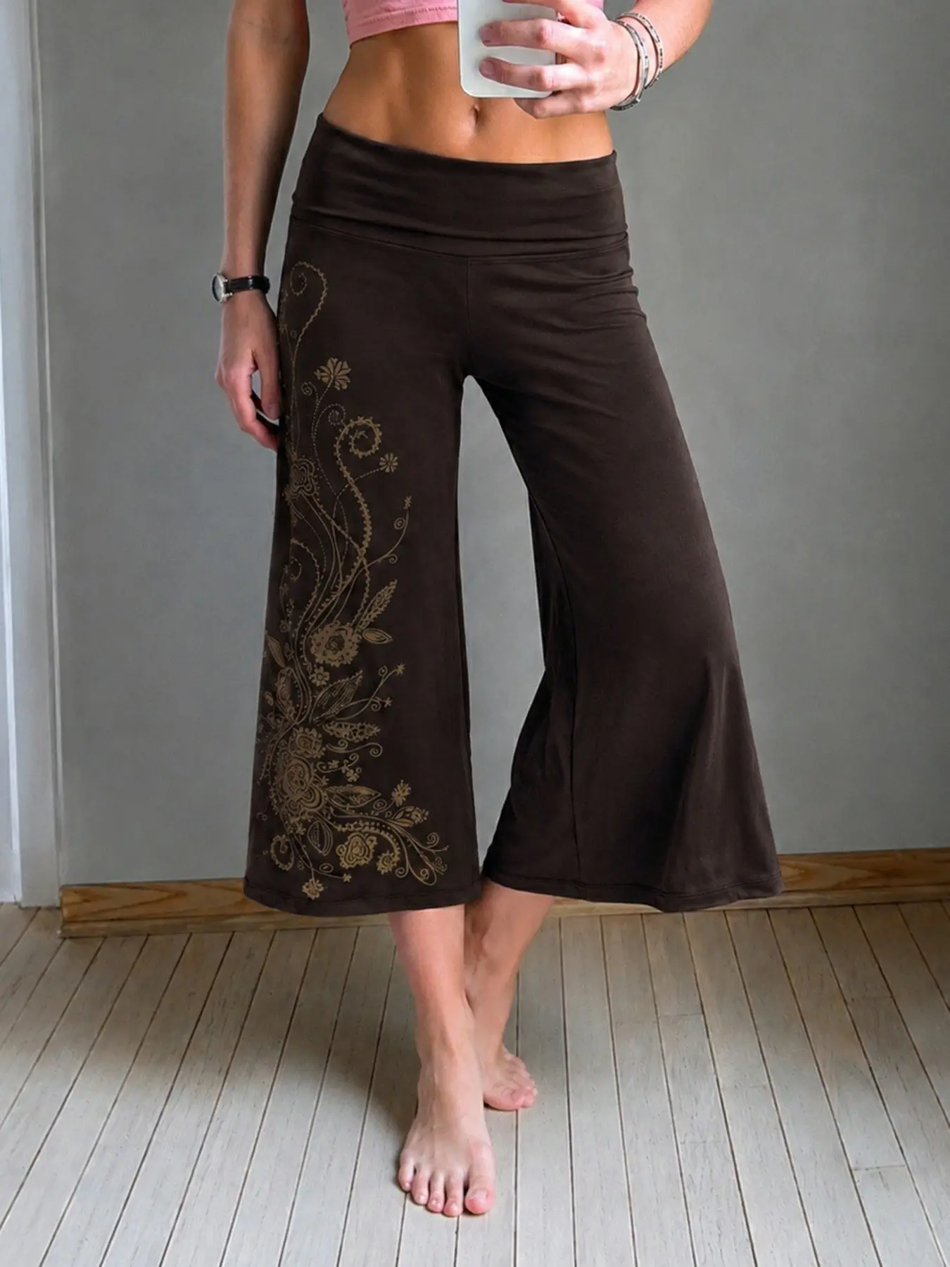 Retro Vintage Floral Print Wide Leg Seven-Eighths Pants, American Y2K Casual Ethnic Style, Turned-Up Design, Comfortable and Stylish