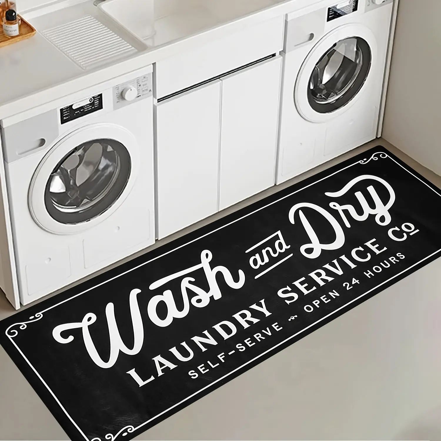 LAUNDRY SERVICE CO Premium Black Non-Slip Flannel Area Rug - Machine Washable, Soft & Comfortable - Perfect for Laundry Room, Hallway, Entryway, Kitchen Decor