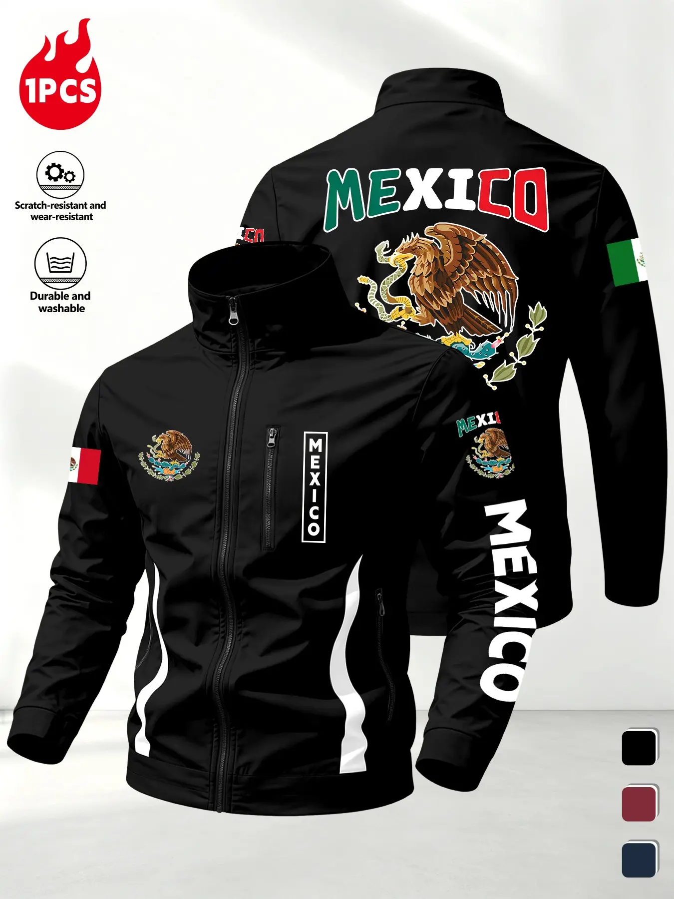 Men's Mexico Pattern Windproof Jacket, Long Sleeve Loose-Fit Sporty Coat, Outdoor Hiking Cycling Zipper Outerwear, Athletic Outerwear, All Seasons