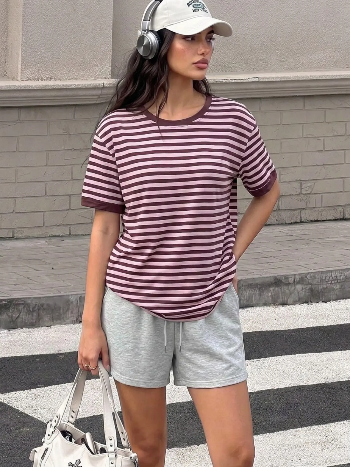 🔥 Viral Oversized Striped Tee | Pink & Brown Color Block, Loose Fit & Buttery Soft! Perfect for Coquette/90s Casual Street OOTD, Easy Lazy Outfit Clothes ✨#StripedTee #OversizedShirt #CoquetteFashion #90sAesthetic #TikTokFashion #CasualOOTD