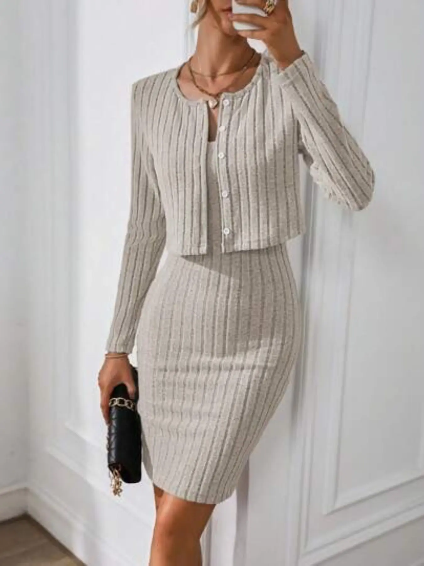 Women's French Chic Casual Fashion Set, Autumn Winter New Arrival, Slim Fit Short Jacket Dress Two-Piece, Trendy and Stylish