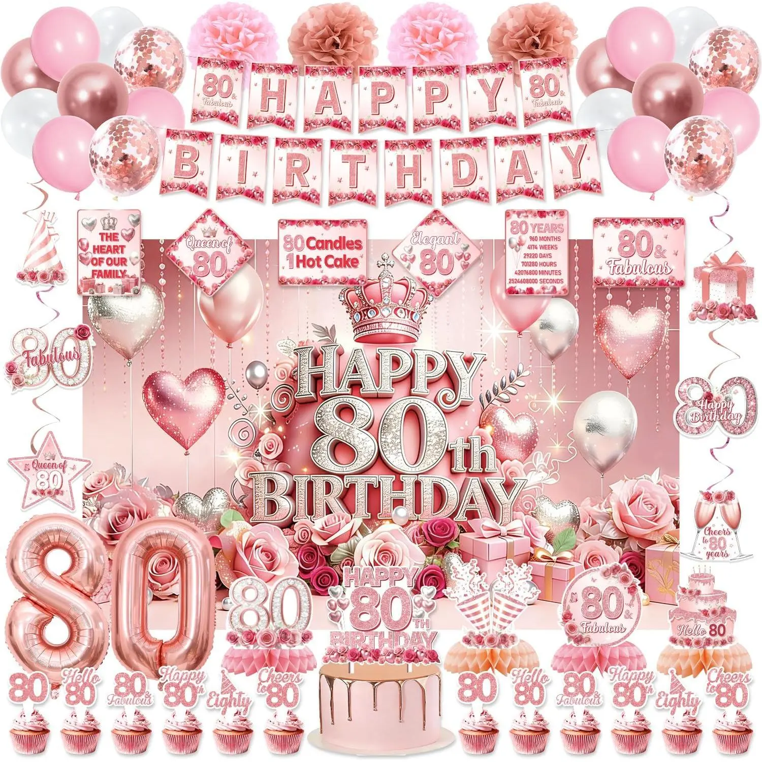 Women's 80th Birthday Decorations Kit - Pink Rose Gold Floral Motifs, Elegant Look for Birthday Parties, Latex/Alum. Balloons, Backdrop, Banner, Centerpieces, Hanging Swirls, Wall Signs, Multiple Items Party Supplies