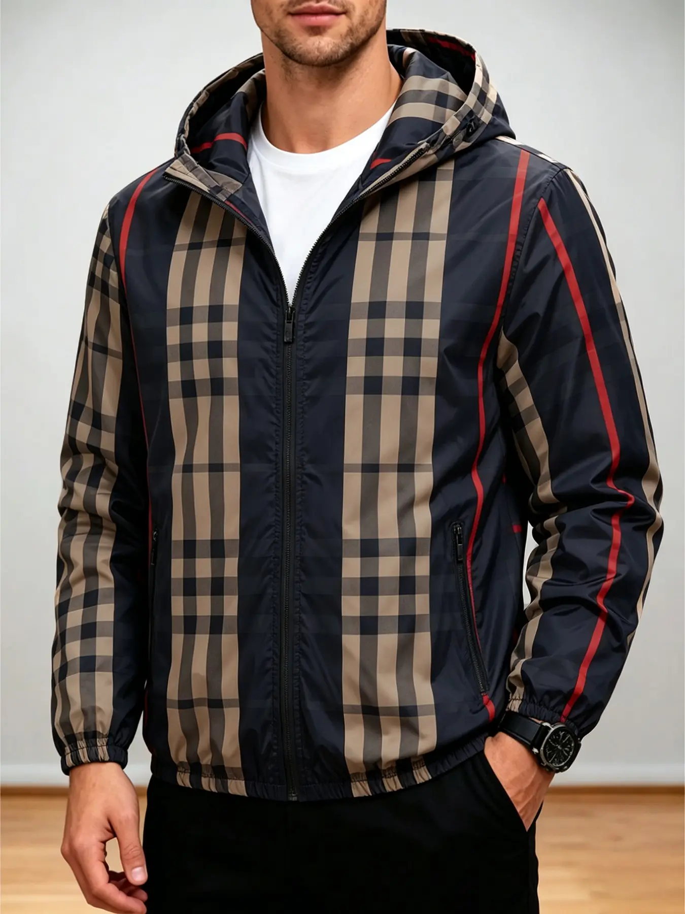 Men's Spring Fall Plaid Checked Casual Jacket, Fitted Long Sleeve Unlined Outerwear, Youth Fashion Hooded Coat, Outdoor Sport Versatile Top